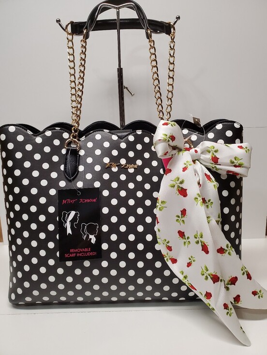 Betsey Johnson Handbags - Betsey Johnson Black and White Polka Dot Tote with Floral Scarf Bow